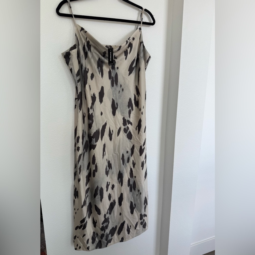 Express Tan Midi Dress with Cowl Neck and Cap Sleeves